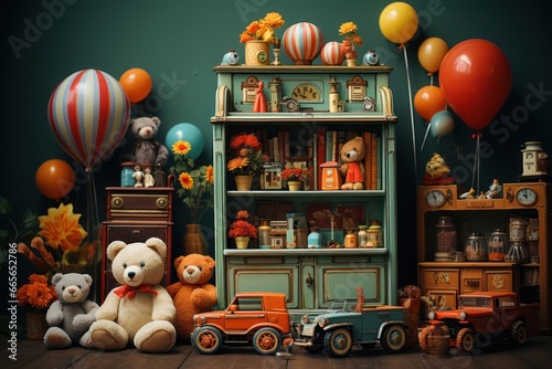 children's toys on a shelf in the children's room photo