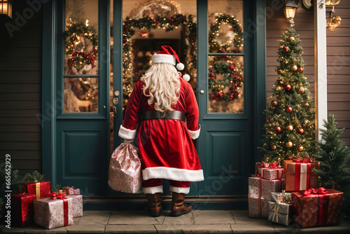 Santa Claus with bag of presents at the front door of the house