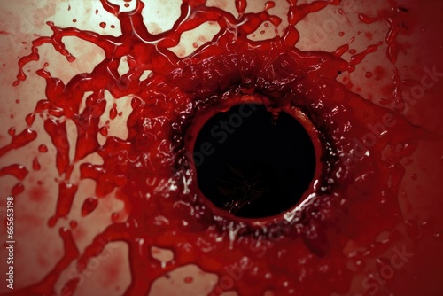 Serial killer washing his victims evidence down the drain. blood going down the drain. draining blood. platter, spatter, splash, puddle, drops, droplets. Gore, macabre, Halloween concept. Slaughter  photo