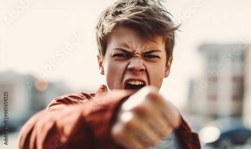 Angry boy teenager ready for fist fight. Hand to hand combat. Street fist-fighter. Male fist closeup. fighter in a black hoodie prepares to strike with his fist. Man under blood. Conflict,bullying 