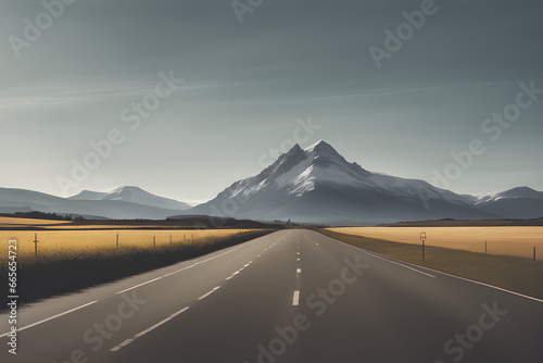 A photo with a mountain in the distance and a road in a field. Generative AI