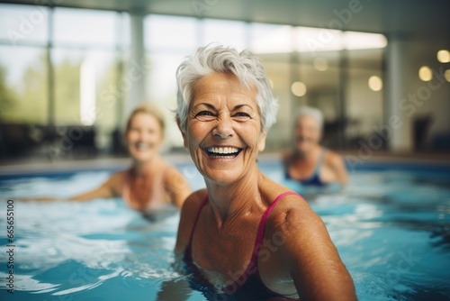Energetic group of senior women having a blast in a water aerobics session at an outdoor swimming pool,