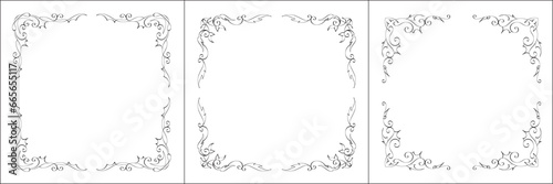 Set of three vector frames. Elegant black and white monochrome ornamental corners for greeting cards, banners, invitations. Vector frame for all sizes and formats. Isolated vector illustration.