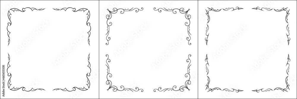 Set of three vector frames. Elegant black and white monochrome ornamental corners for greeting cards, banners, invitations. Vector frame for all sizes and formats. Isolated vector illustration.