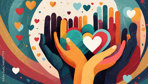 Charity illustration concept with abstract, diverse persons, hands and hearts. photo
