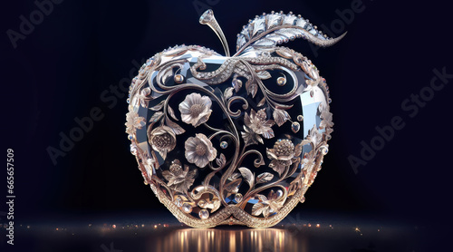 Luxury posh Apple as jewel, jewelry, elegance style, ornament, gems, crystal, precious stones, luxurious objects product, for festive, Christmas, new year, winter, celebration, brilliant