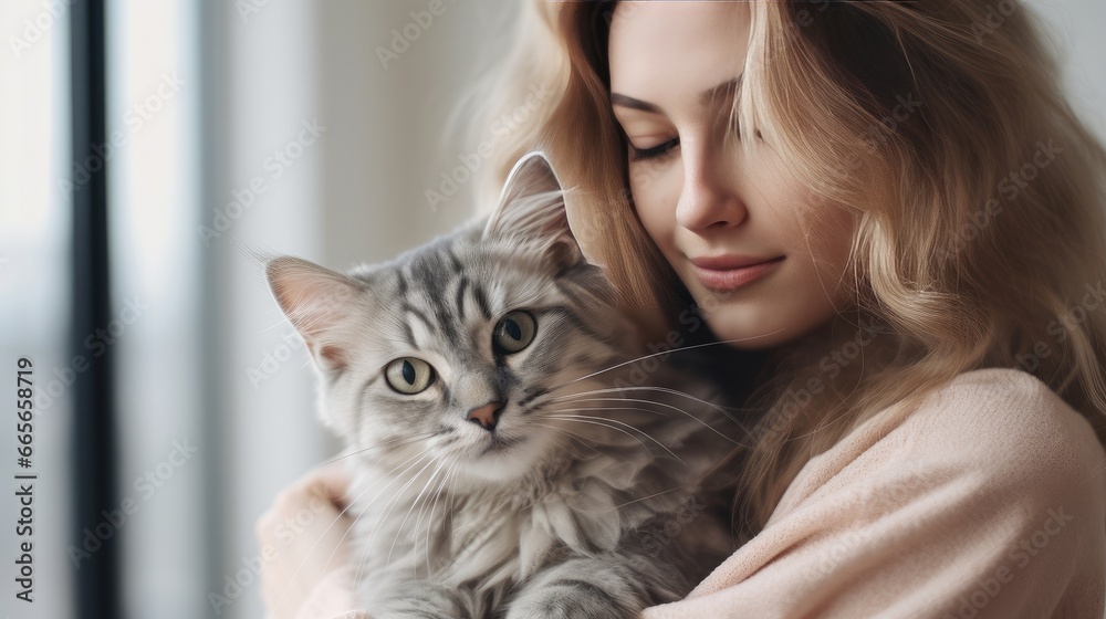 Portrait of young woman holding cute siberian cat with green eyes. Adorable domestic pet concept.