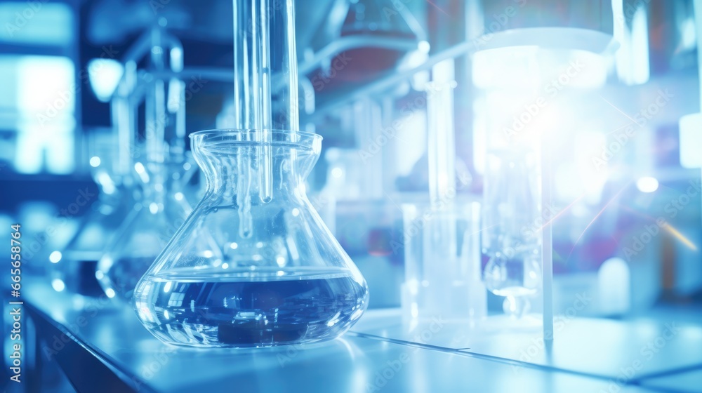 A test tubes filled with chemical liquid solution on a table in a chemical laboratory. A test tubes filled with chemical liquid solution on a table in a chemical laboratory.