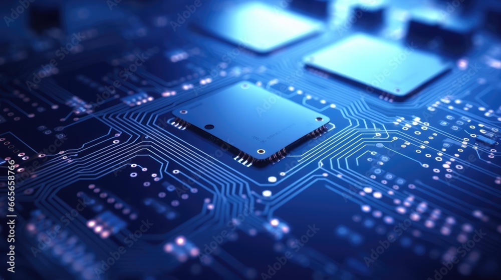 A close-up of a motherboard with a CPU on it. The CPU is located in the center of the motherboard, and it is surrounded by other electronic components. A close-up of a motherboard with a CPU on it. The CPU is located in the center of the motherboard, and it is surrounded by other electronic components.