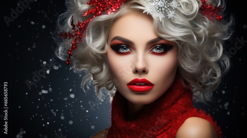 Creative women s festive New Year s Christmas winter look for a party or corporate event  makeup and styling. It is snowing