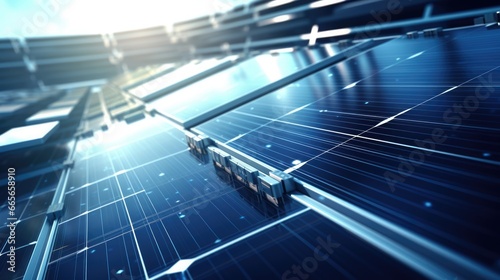 A solar panel is made of photovoltaic cells that convert sunlight into electricity. The cells are arranged in a grid pattern, and they are covered with a protective glass layer.
