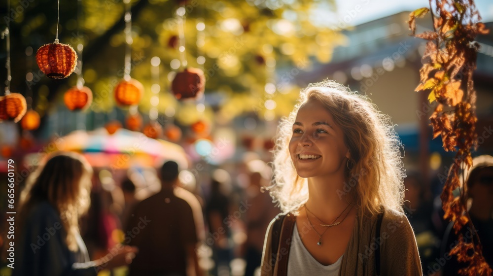 A joyful woman exploring a bustling vibrant outdoor street fair. Shallow depth of field, bokeh and intentional blur. A joyful woman exploring a bustling vibrant outdoor street fair. Shallow depth of field, bokeh and intentional blur.