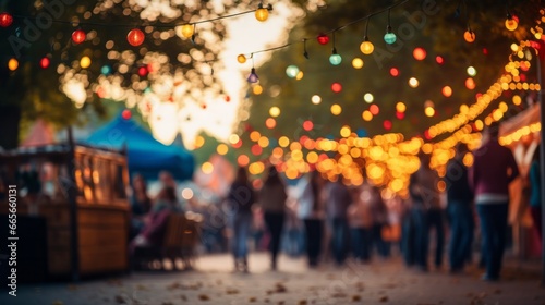 A bustling street fair filled with pedestrians under the glow of overhead party lights. Shallow depth of field, bokeh and intentional blur. © AI Visual Vault
