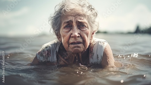 Confused elderly woman lost at sea. Dramatic concept for mental illness, loneliness, alzheimer, dementia, depression, grief, sadness.