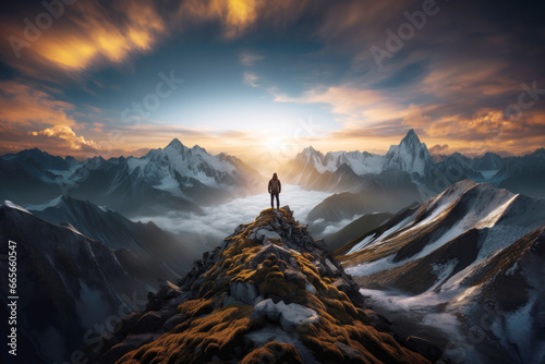Man standing at the top of a mountain peak
