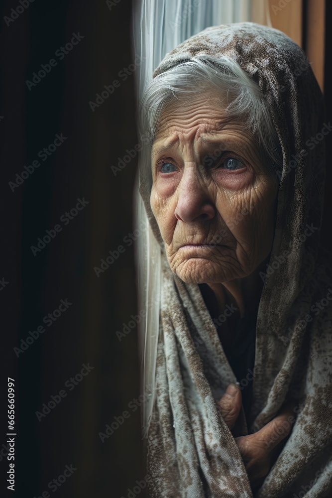Elderly woman near a window. Dramatic concept for mental illness, loneliness, alzheimer, dementia, depression, grief, sadness.