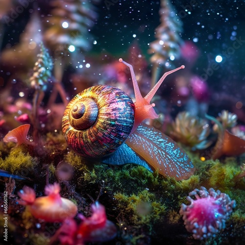Iridescent Snail in a Fairy Forest, Close Up of a Shimmering Shell.