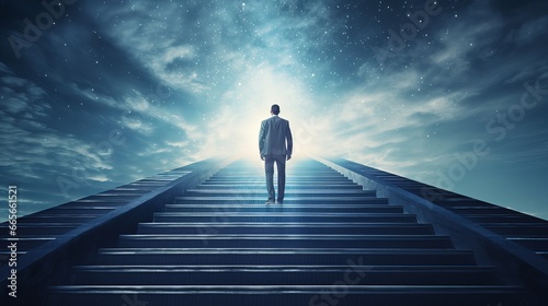 Dynamic Business Leader Ascending Stairs Amid City Skyline – Ambitious Concept of Success, Career Growth, and Strategic Planning in Corporate Environment photo