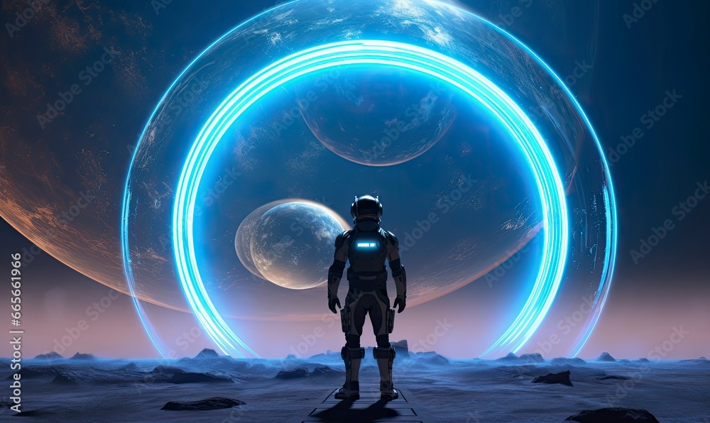 Astronaut in front of dimensional portal.