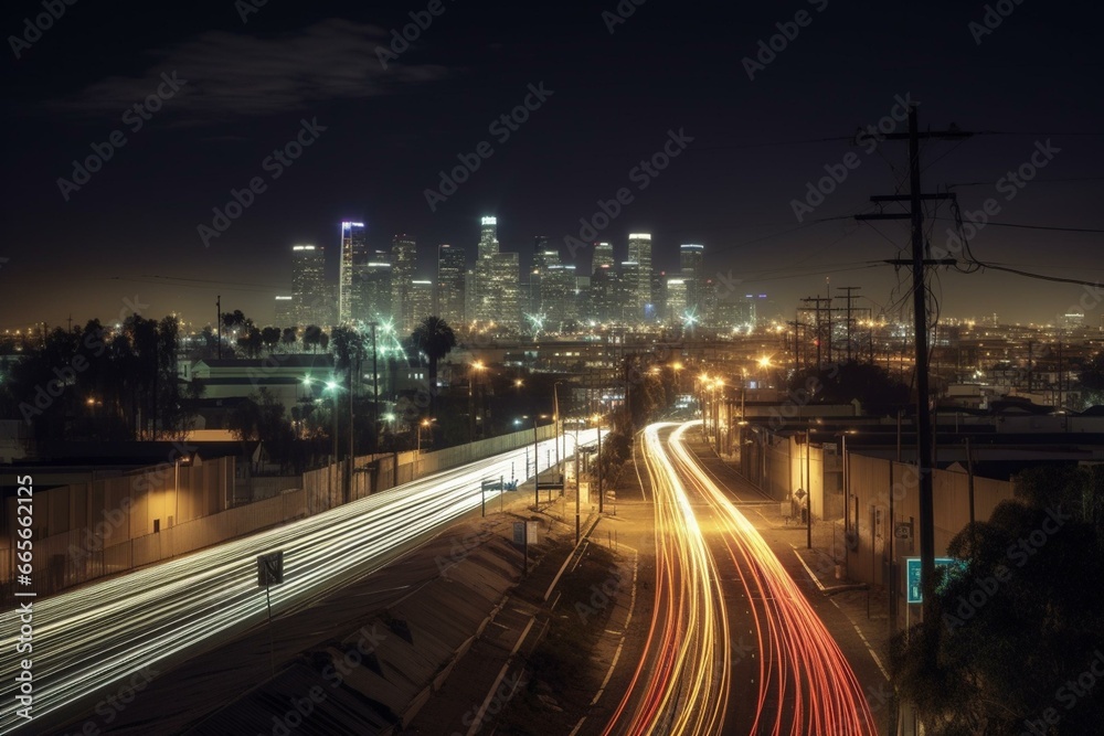 An urban nightscape with light streaks in the foreground and a city skyline in the background. Generative AI