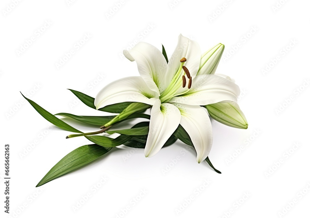 Beautiful fresh lily flower with green leaves, isolated on white background. Beautiful fresh lily flower with green leaves, isolated on white background.