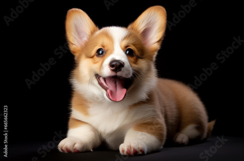 Smiling puppy of a corgi dog, sitting on a black background. AI generated