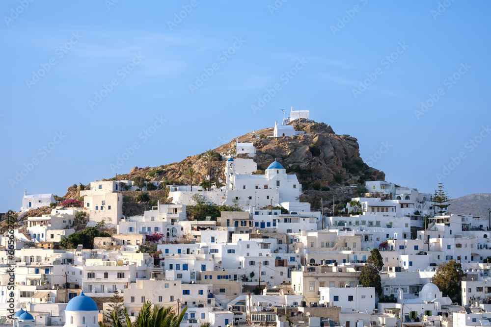 Panoramic view of the beautiful whitewashed village of Ios in Greece, also known as Chora