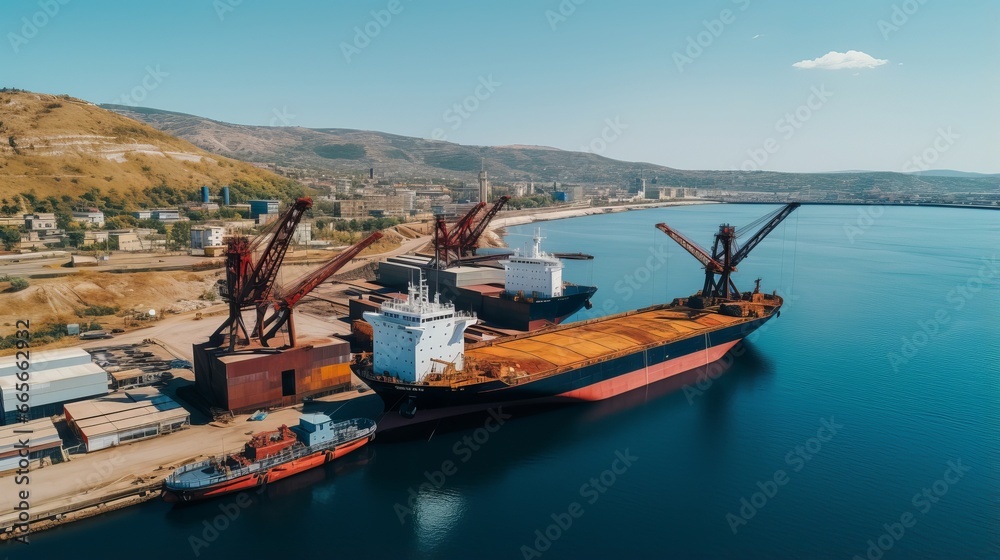 Global Business Unity: Black Sea Grain Initiative 2023 Partnership Success - Panoramic Double Exposure of Conference Group Amid City Skyline and Port Cranes Loading Grain on Bulk Carrier. Trust, Teamw
