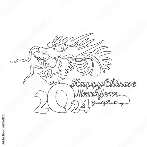 One continuous line drawing of Happy Chinese New Year with the year of dragon concept. Happy Chinese New Year in simple linear style vector illustration. Suitable design for greeting card and poster.