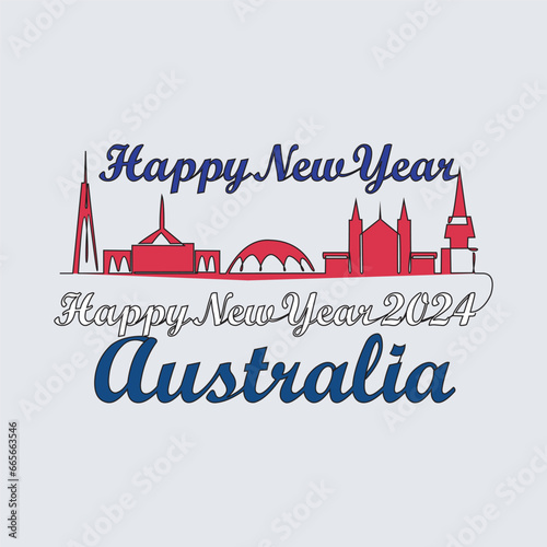 One continuous line drawing of Happy New Year in Australia. Happy New Year design with Australia skyline in simple linear style vector illustration.Suitable design for greeting card, poster and banner