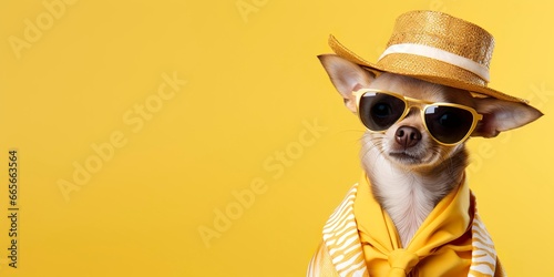 Cool looking Chihuahua dog wearing funky fashion dress. space for text right side. photo