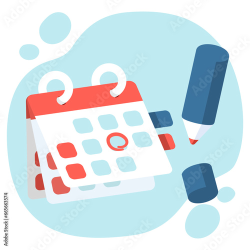 Red pen marks the date, holiday, priority, important, reminder day on calendar concept on blue  background. Vector illustration Cute design for banner and poster.