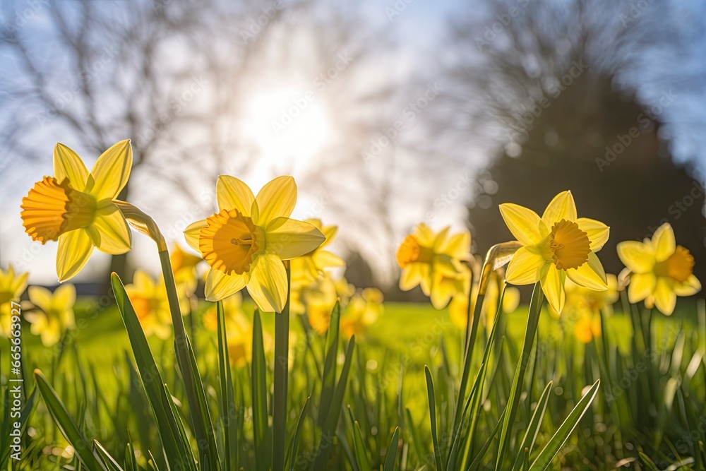 Fototapeta premium Daffodils in spring backlit by sun.