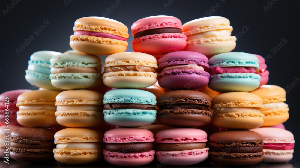 Macarons arranged in a tempting still life, a burst of sweet and colorful delight, vibrant and delectable desserts on solid colored background