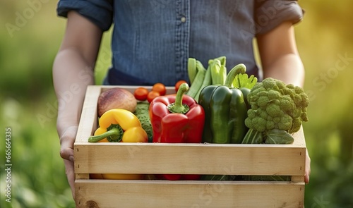 Farmer man holding wooden box full of fresh raw vegetables. AI Generated