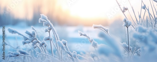 Frozen snowy grass, winter natural abstract background. beautiful winter landscape. © Anowar
