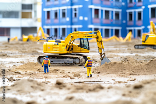 Miniature excavator on sandy construction site, workers in front of it