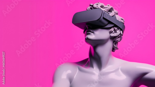 Greek man statue with MR headset isolated on magenta background.