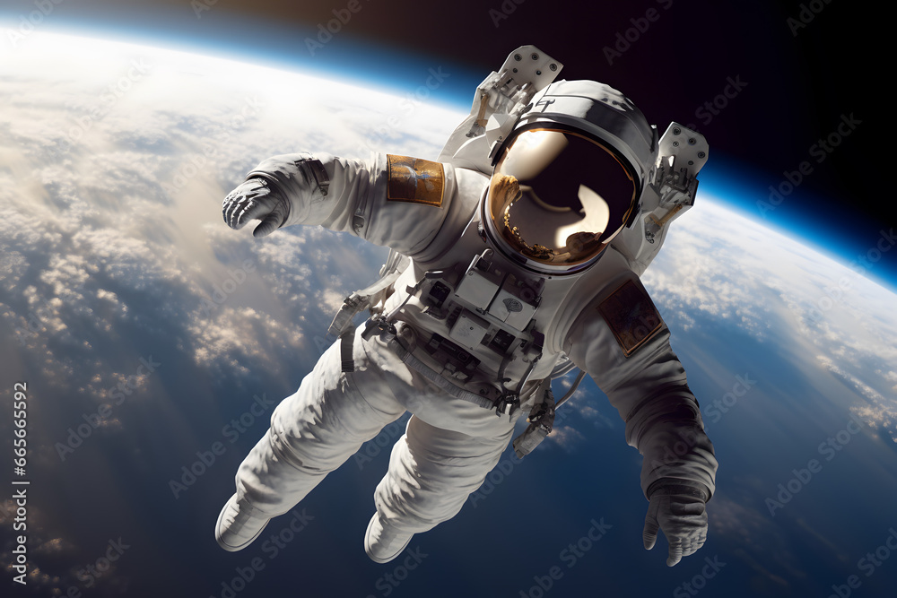Spaceman or astronaut floating in the space with background of earth