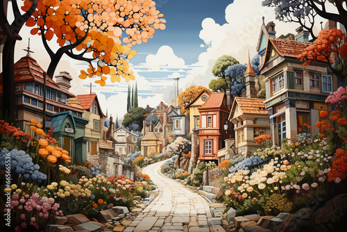A painting by neil osbourne depicts a colourful house road, in the style of whimsical floral scenes, color field paintings, naive art, tranquil gardenscapes, low resolution, ai generative