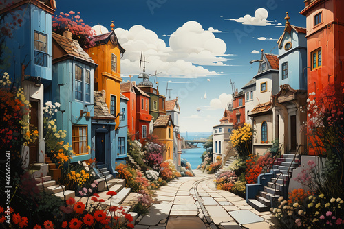 A painting by neil osbourne depicts a colourful house road, in the style of whimsical floral scenes, color field paintings, naive art, tranquil gardenscapes, low resolution, ai generative photo