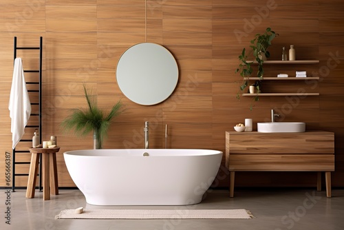 Interior of stylish bathroom with wooden cabinet  sink  bathtub  and mirror.