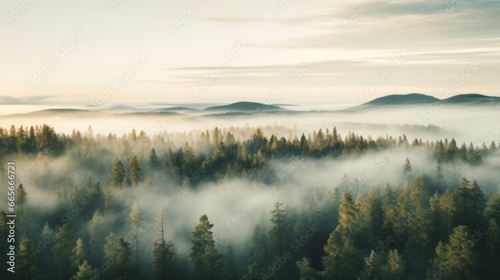 Fototapeta premium Nordic forest, forest landscape, foggy, evening time, foggy landscape in the jungle Fog and cloudy mountain tropic valley landscape aerial view, wide, misty panorama