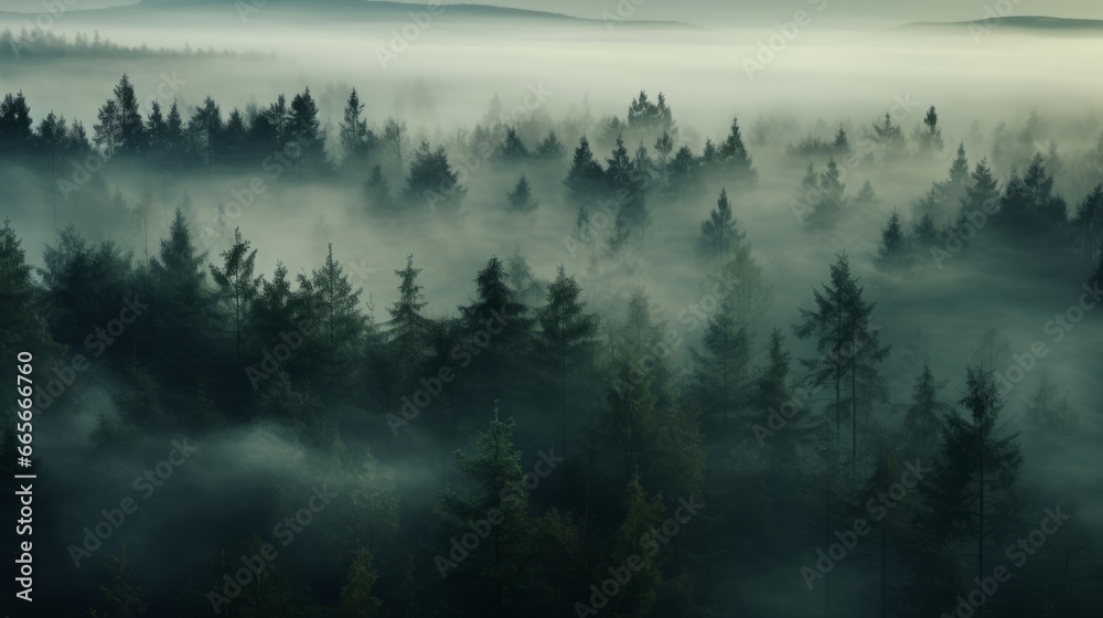 Obraz premium Nordic forest, forest landscape, foggy, evening time, foggy landscape in the jungle Fog and cloudy mountain tropic valley landscape aerial view, wide, misty panorama