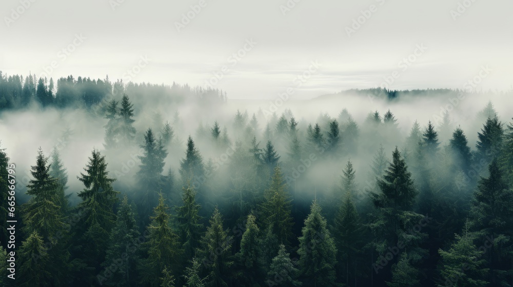 Nordic forest, forest landscape, foggy, evening time, foggy landscape in the jungle Fog and cloudy mountain tropic valley landscape aerial view, wide, misty panorama - obrazy, fototapety, plakaty 