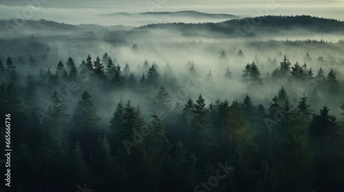 Nordic forest  forest landscape  foggy  evening time  foggy landscape in the jungle Fog and cloudy mountain tropic valley landscape aerial view  wide  misty panorama