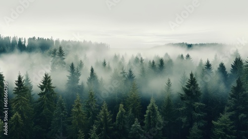 Nordic forest, forest landscape, foggy, evening time, foggy landscape in the jungle Fog and cloudy mountain tropic valley landscape aerial view, wide, misty panorama photo