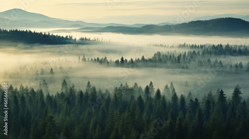 Nordic forest, forest landscape, foggy, evening time, foggy landscape in the jungle Fog and cloudy mountain tropic valley landscape aerial view, wide, misty panorama