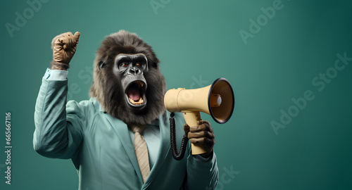 Gorilla announcing using hand speaker. Notifying, warning, announcement.