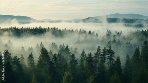 Nordic forest, forest landscape, foggy, evening time, foggy landscape in the jungle Fog and cloudy mountain tropic valley landscape aerial view, wide, misty panorama